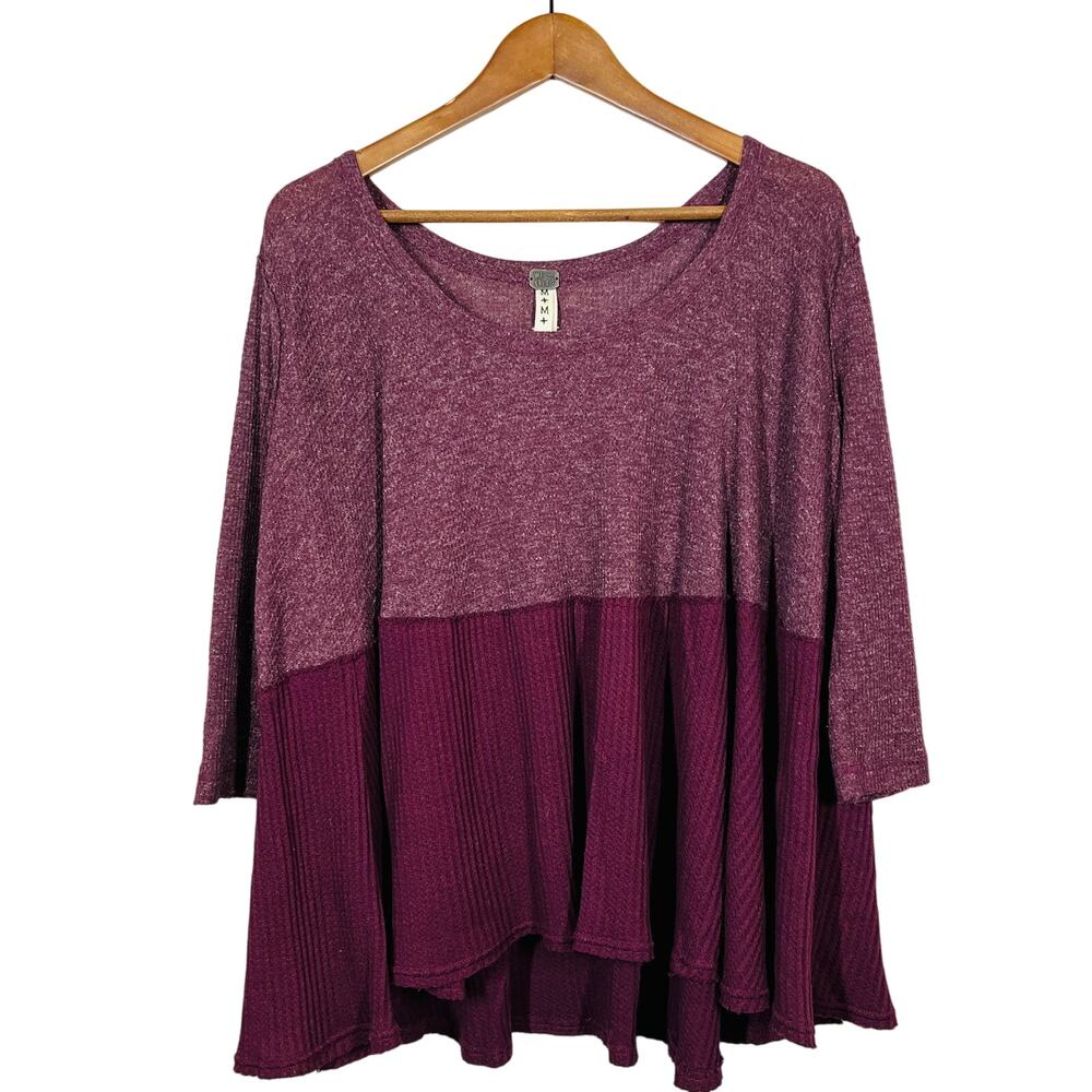 We The Free Waffle Knit Oversize Jersey Top 3/4 Sleeve Eggplant Semi Sheer - L